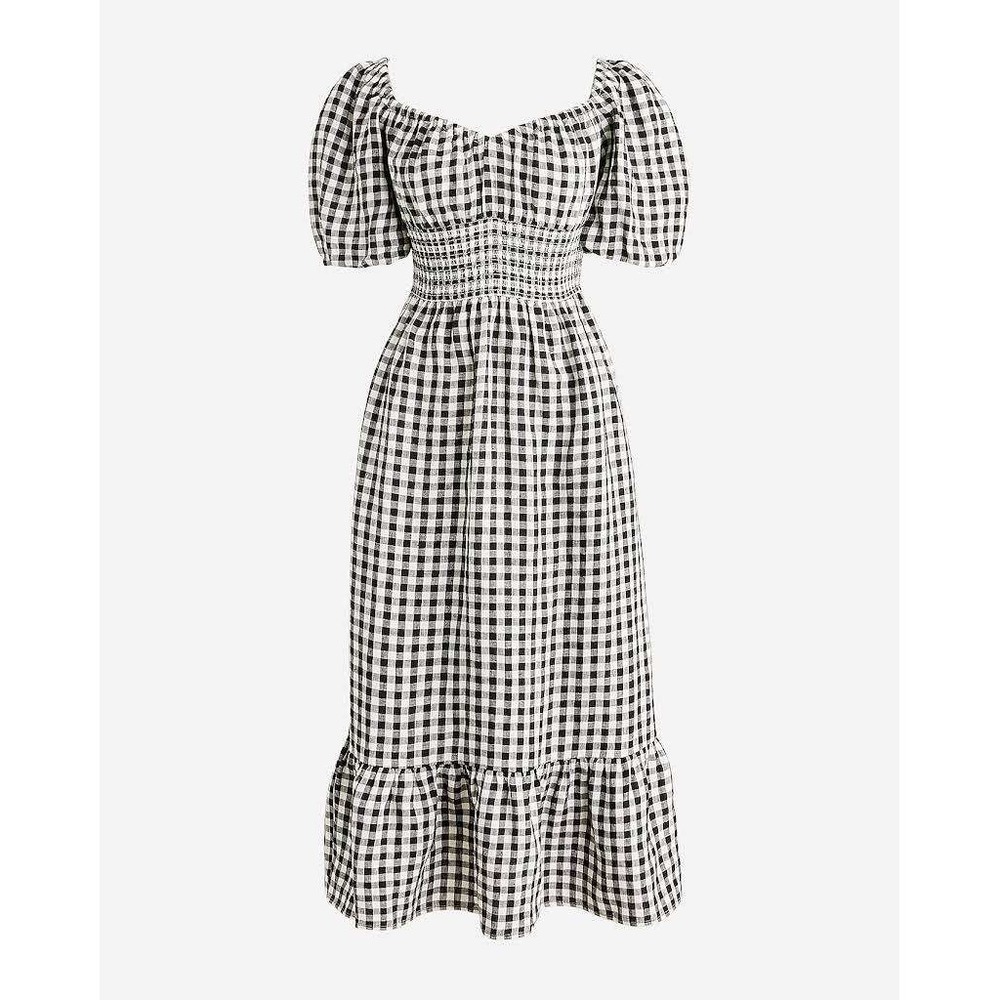J Crew Smocked Waist Puff Sleeve‎ Midi Dress Linen Gingham XXS Milkmaid Cottage
